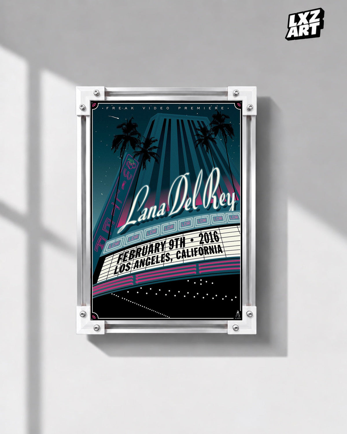 Lana Del Rey Freak Video Premiere Art Deco Poster in white-corner frame on gray wall. Frame shown for display only.