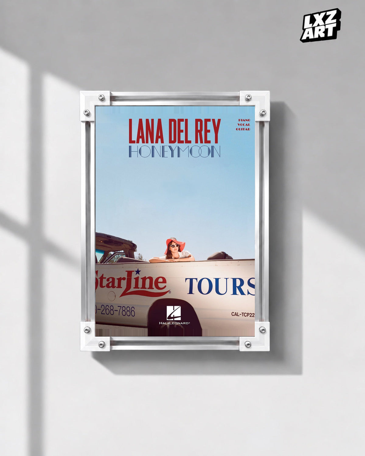 Lana Del Rey Honeymoon Blue Sky Songbook Cover Poster in white-corner frame on gray wall. Frame shown for display only.