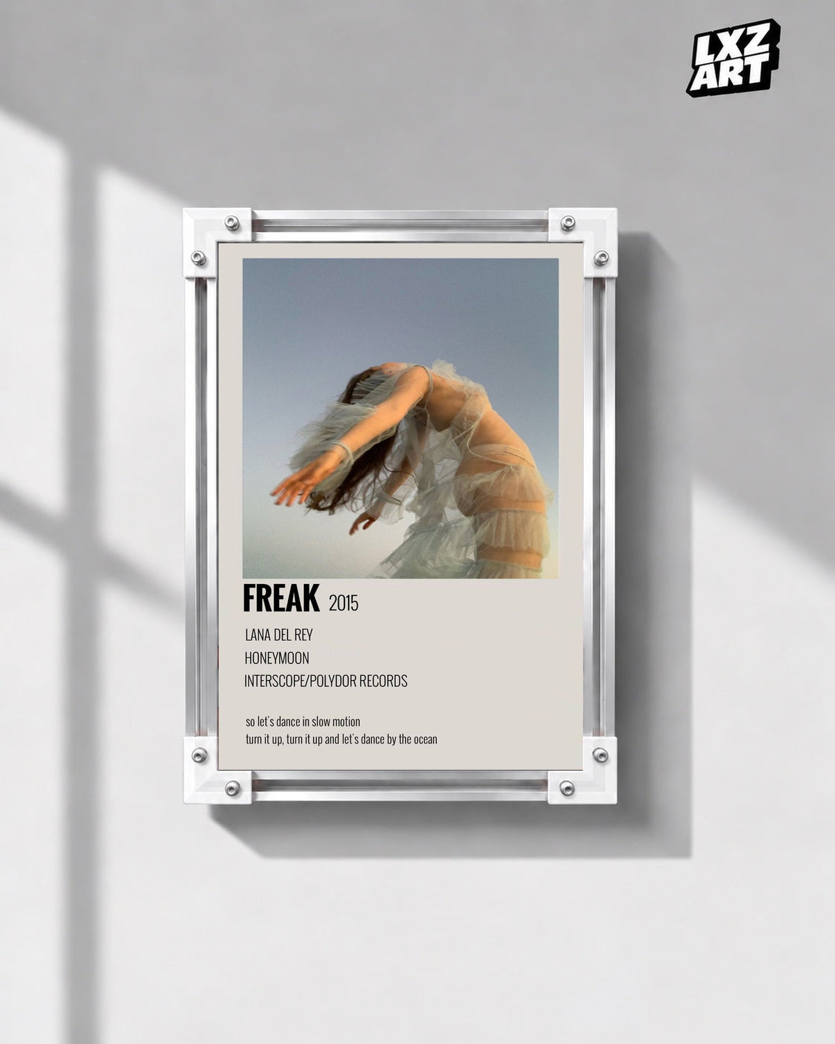 Lana Del Rey Freak Cream Dance Song Poster in white-corner frame on gray wall. Frame shown for display only.