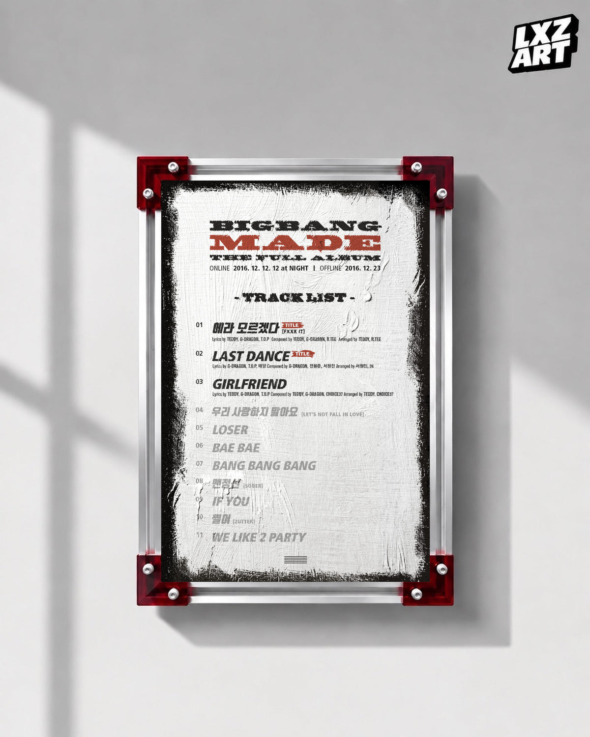 BIGBANG MADE Full Album Tracklist Poster displayed on a gray wall in a red-corner frame; unframed print, frame not included