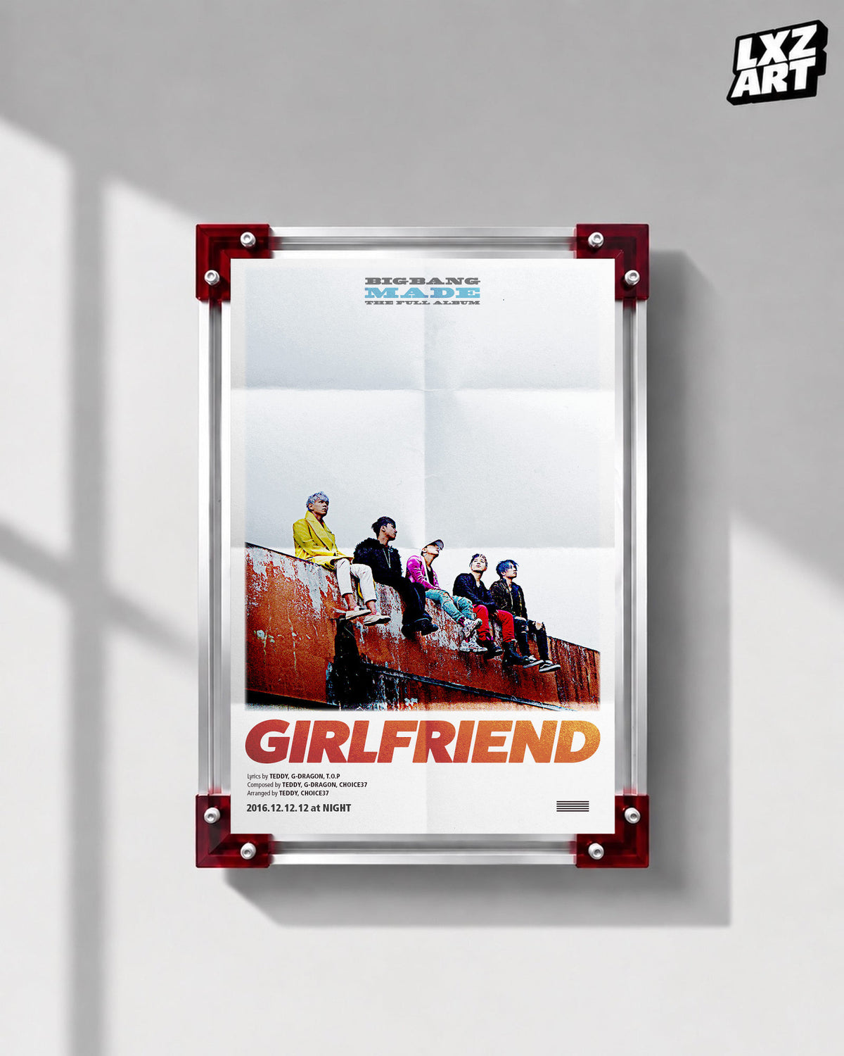 BIGBANG MADE Girlfriend Group Song Poster displayed on a gray wall in a red-corner frame; unframed print, frame not included