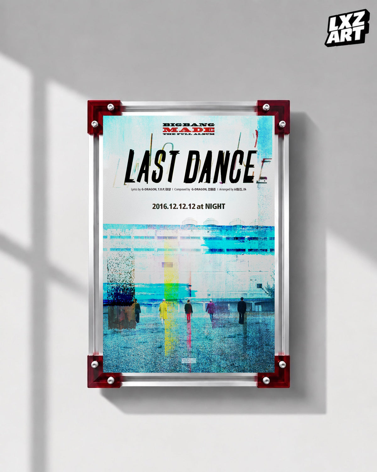 BIGBANG MADE Last Dance Color-Stripe Song Poster displayed on a gray wall in a red-corner frame; unframed print, frame not included