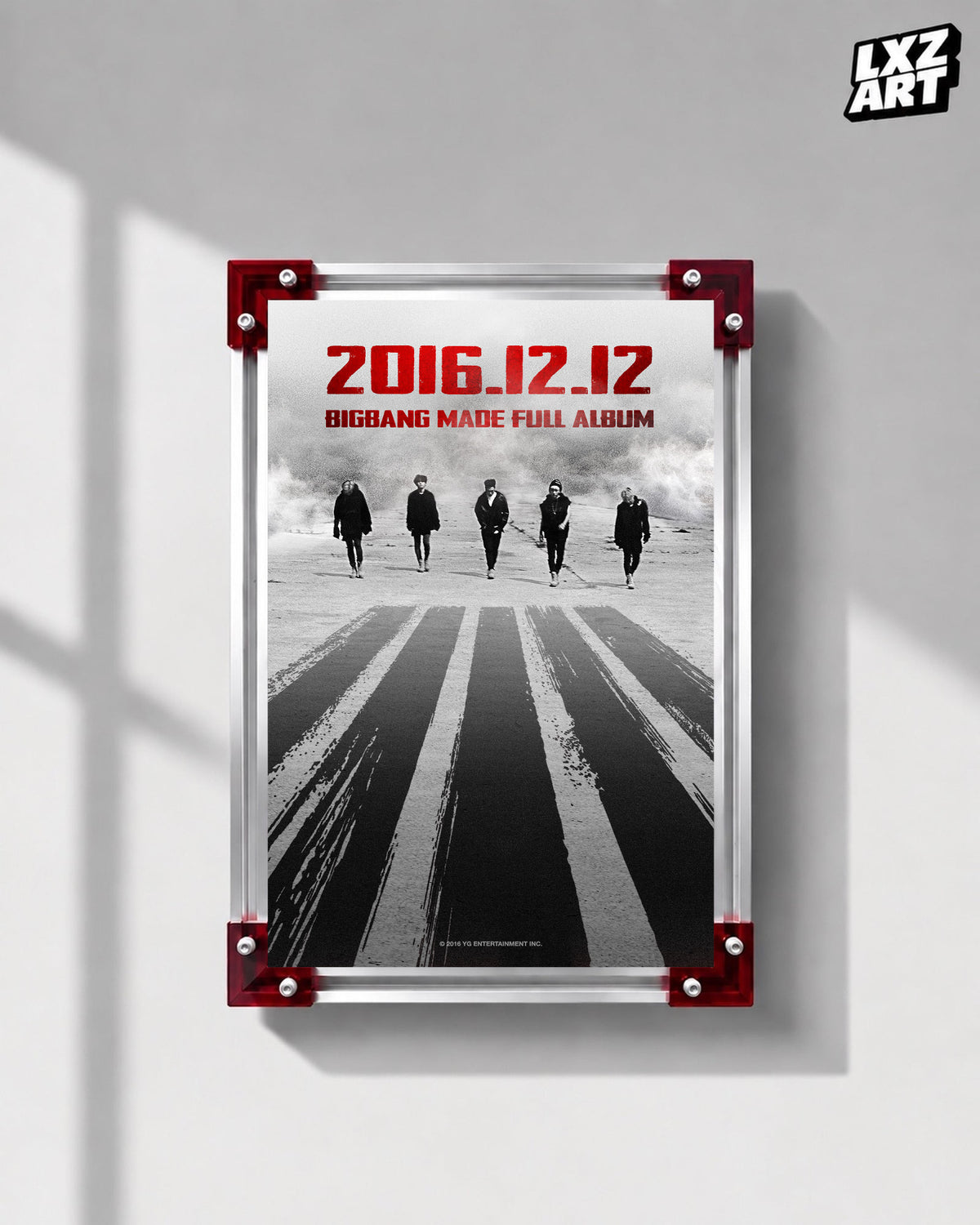 BIGBANG MADE Full Album Monochrome Road Poster displayed on a gray wall in a red-corner frame; unframed print, frame not included