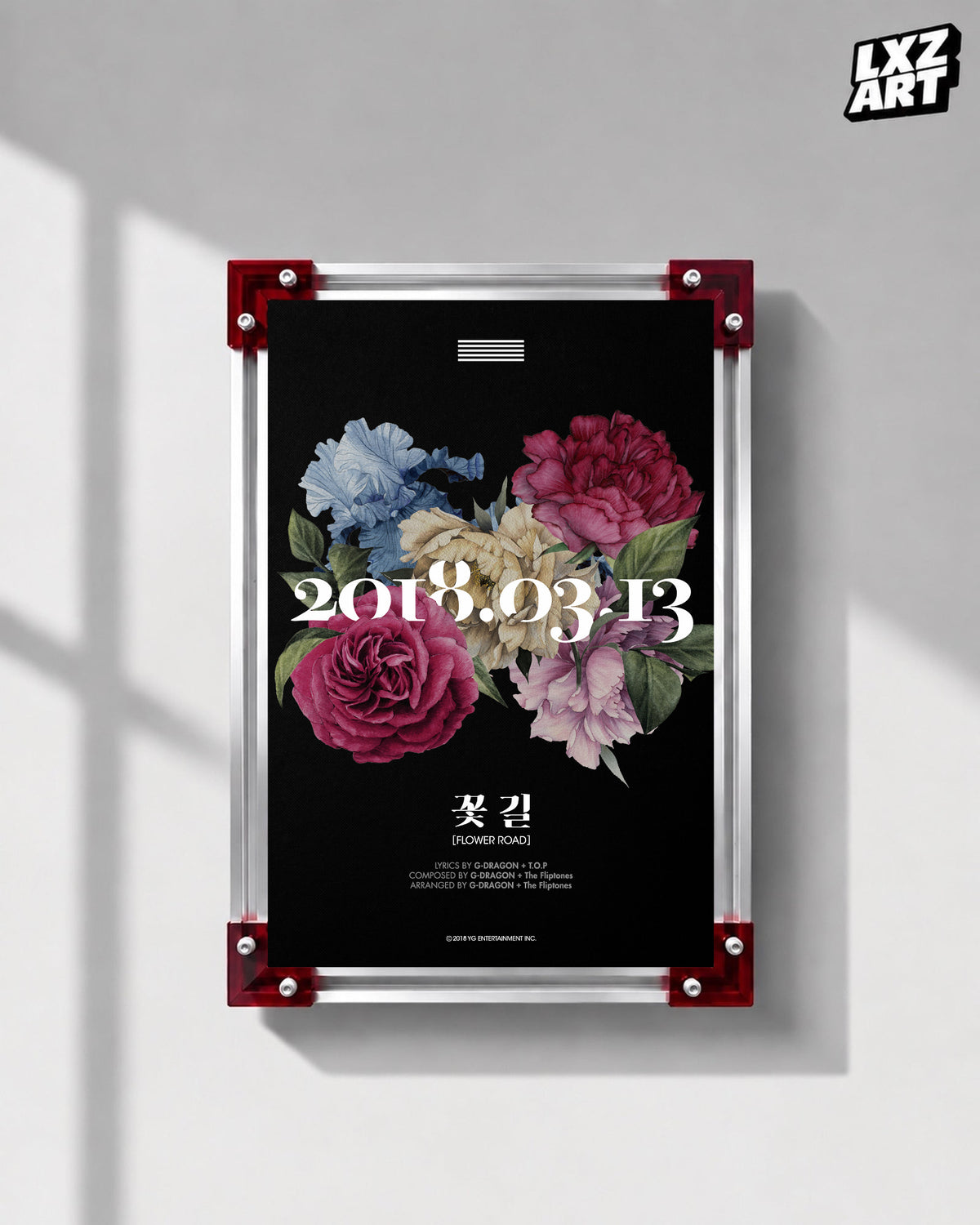 BIGBANG Flower Road Floral Single Poster displayed on a gray wall in a red-corner frame; unframed print, frame not included