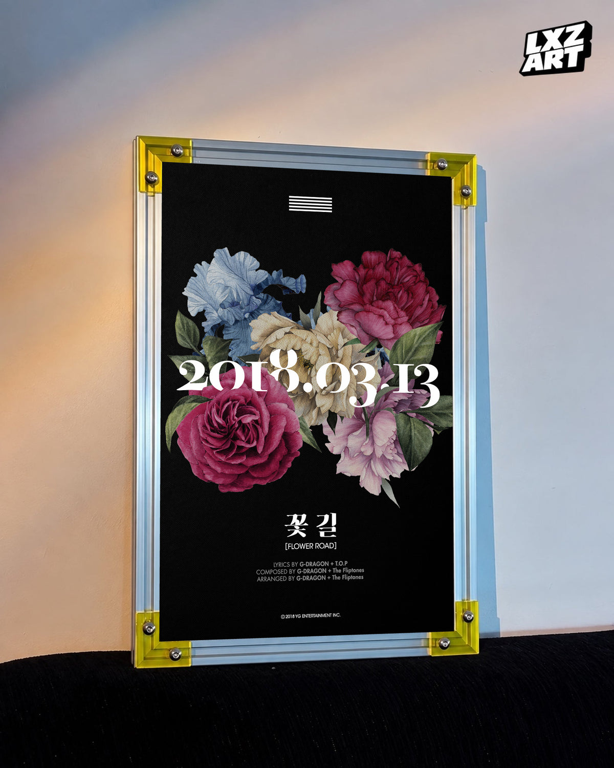 BIGBANG Flower Road Floral Single Poster displayed against a warm wall in a yellow-corner frame; unframed print, frame not included