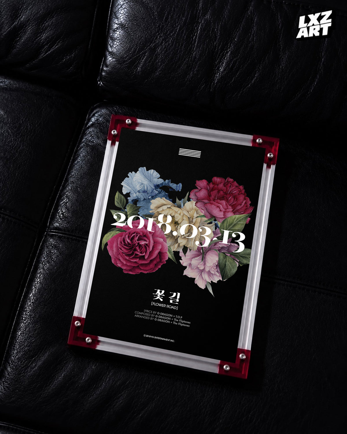 BIGBANG Flower Road Floral Single Poster displayed on a black leather sofa in a red-corner frame; unframed print, frame not included
