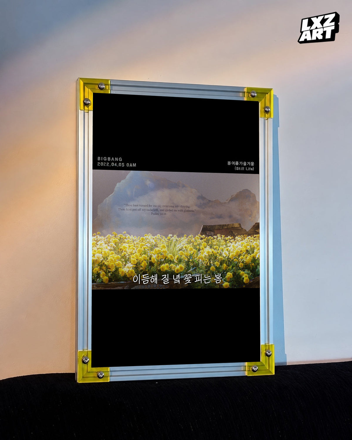 BIGBANG Still Life Yellow Flowers Lyric Poster displayed against a warm wall in a yellow-corner frame; unframed print, frame not included