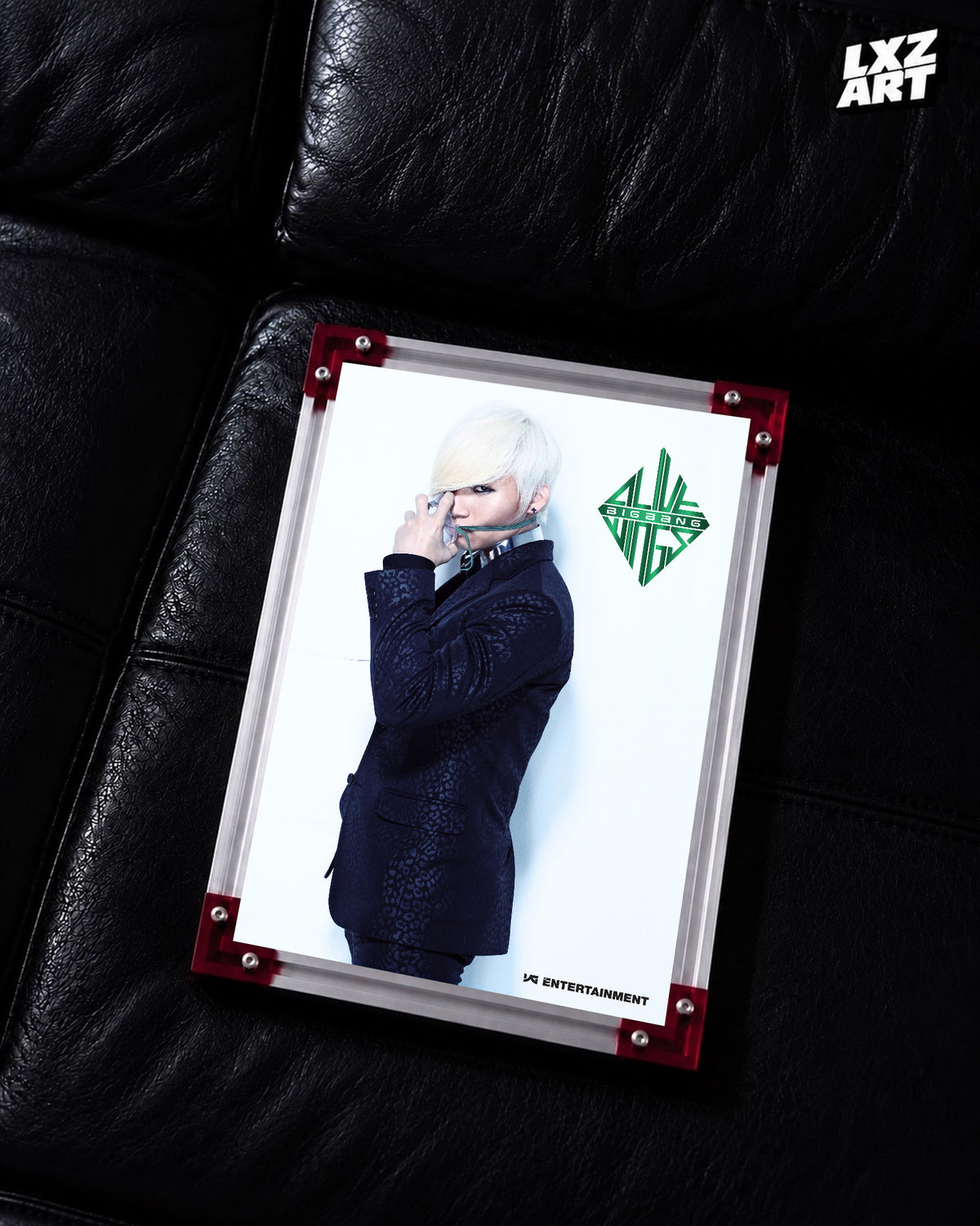 BIGBANG ALIVE Wings Daesung Album Teaser Poster displayed on a black leather sofa in a red-corner frame; unframed print, frame not included