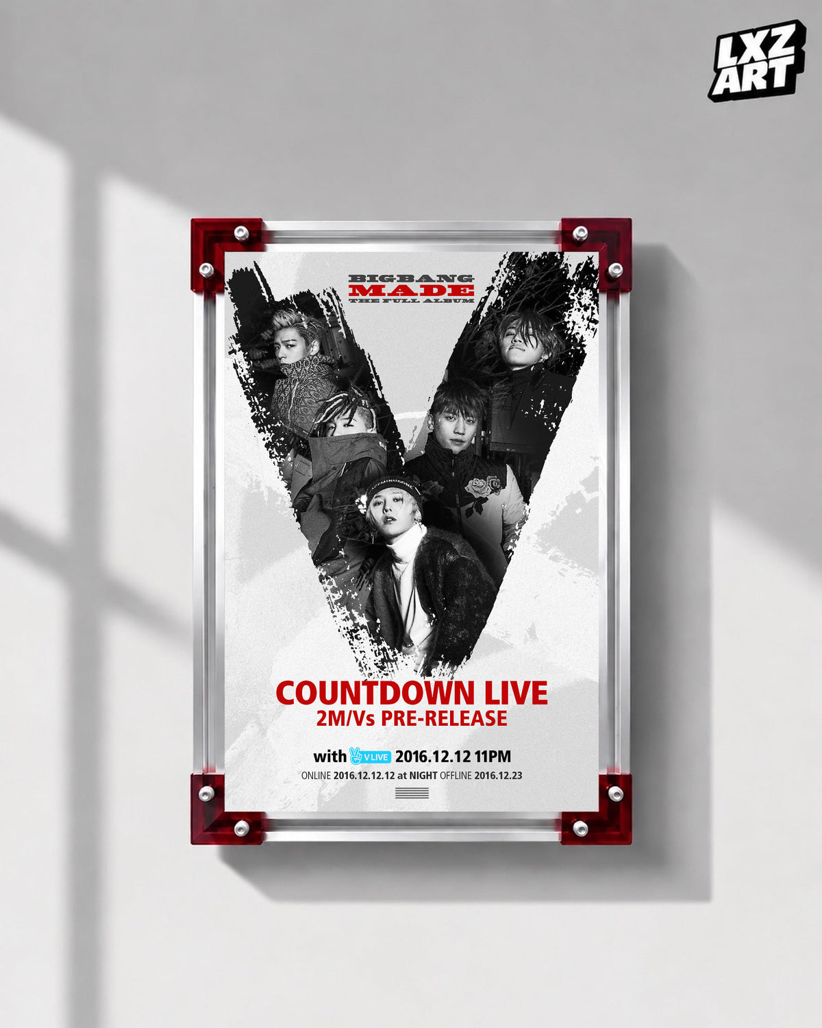 BIGBANG MADE Countdown Live Group Collage Poster displayed on a gray wall in a red-corner frame; unframed print, frame not included