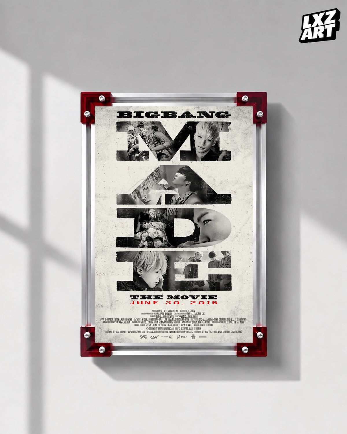 BIGBANG MADE The Movie Typography Poster displayed on a gray wall in a red-corner frame; unframed print, frame not included