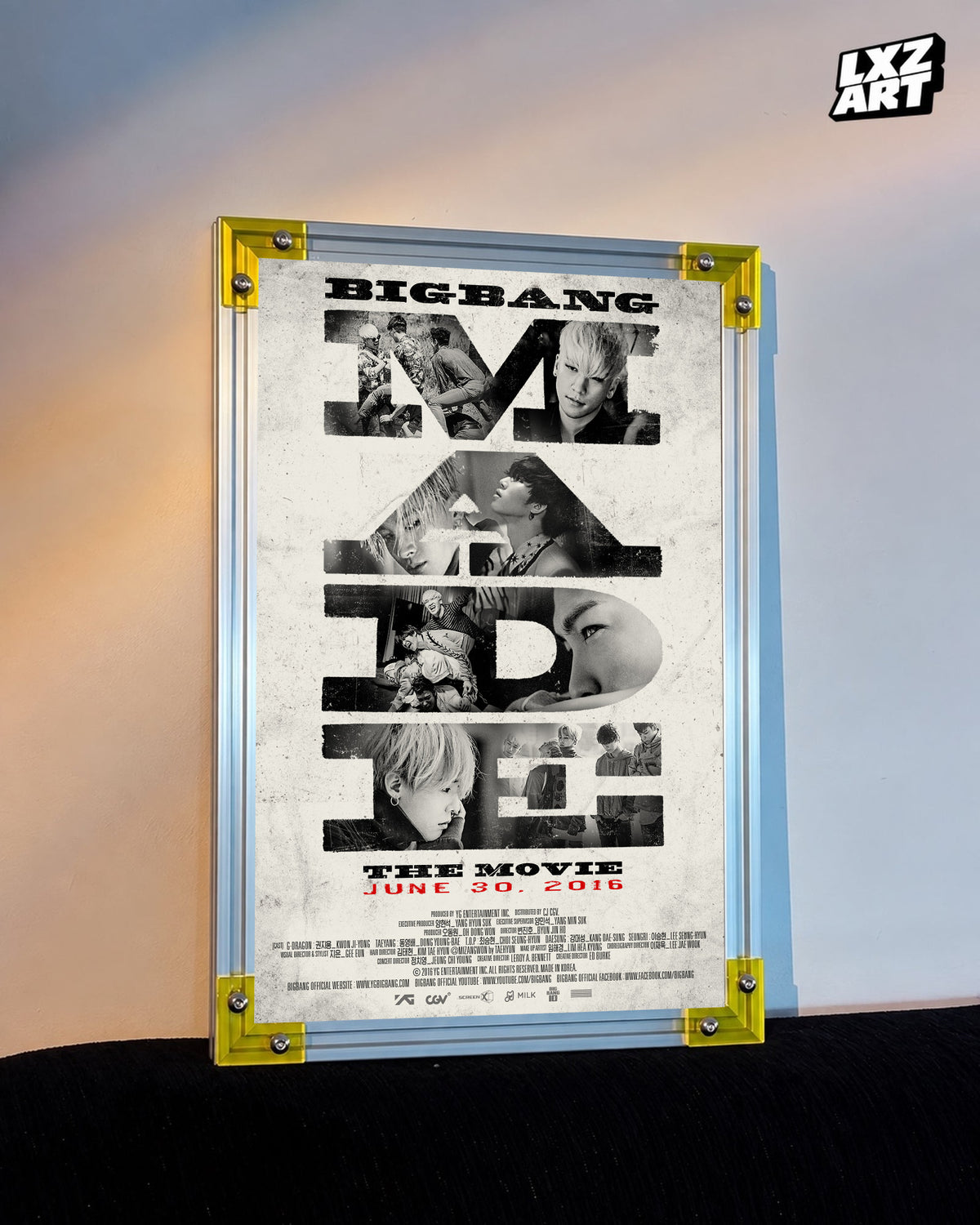 BIGBANG MADE The Movie Typography Poster displayed against a warm wall in a yellow-corner frame; unframed print, frame not included