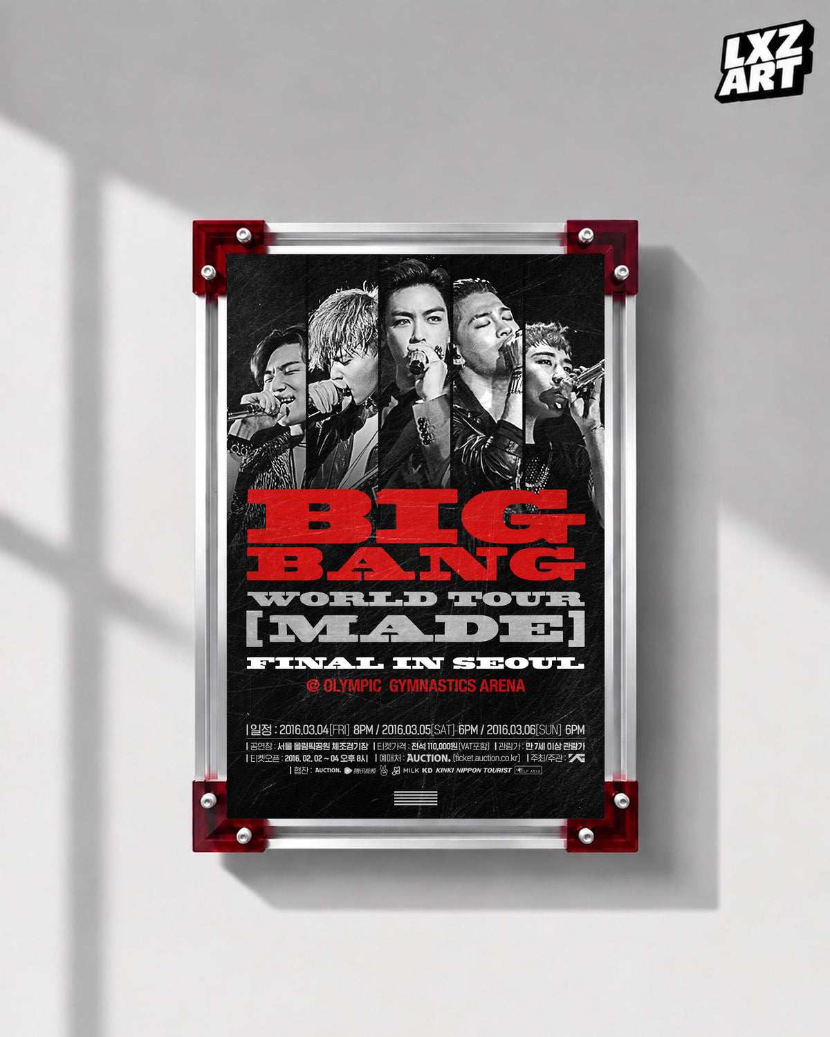 BIGBANG MADE Final in Seoul Portrait Concert Poster displayed on a gray wall in a red-corner frame; unframed print, frame not included