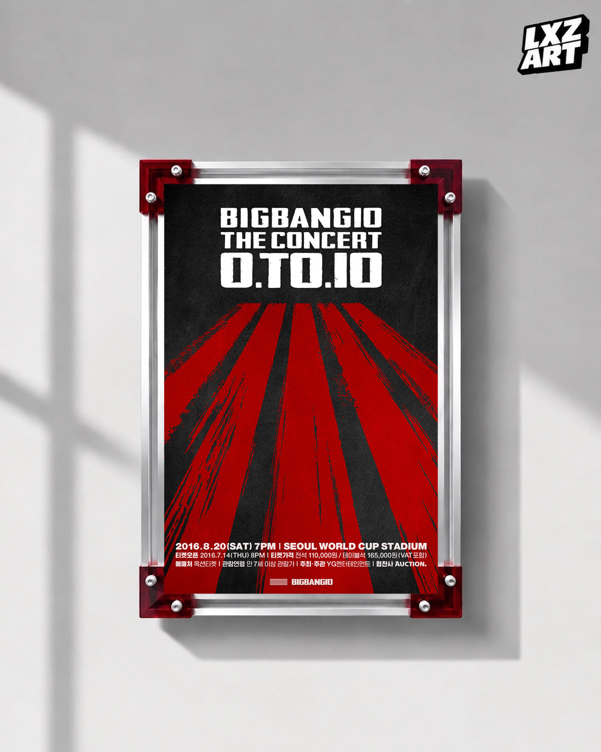 BIGBANG 0.TO.10 Seoul Red Rays Concert Poster displayed on a gray wall in a red-corner frame; unframed print, frame not included