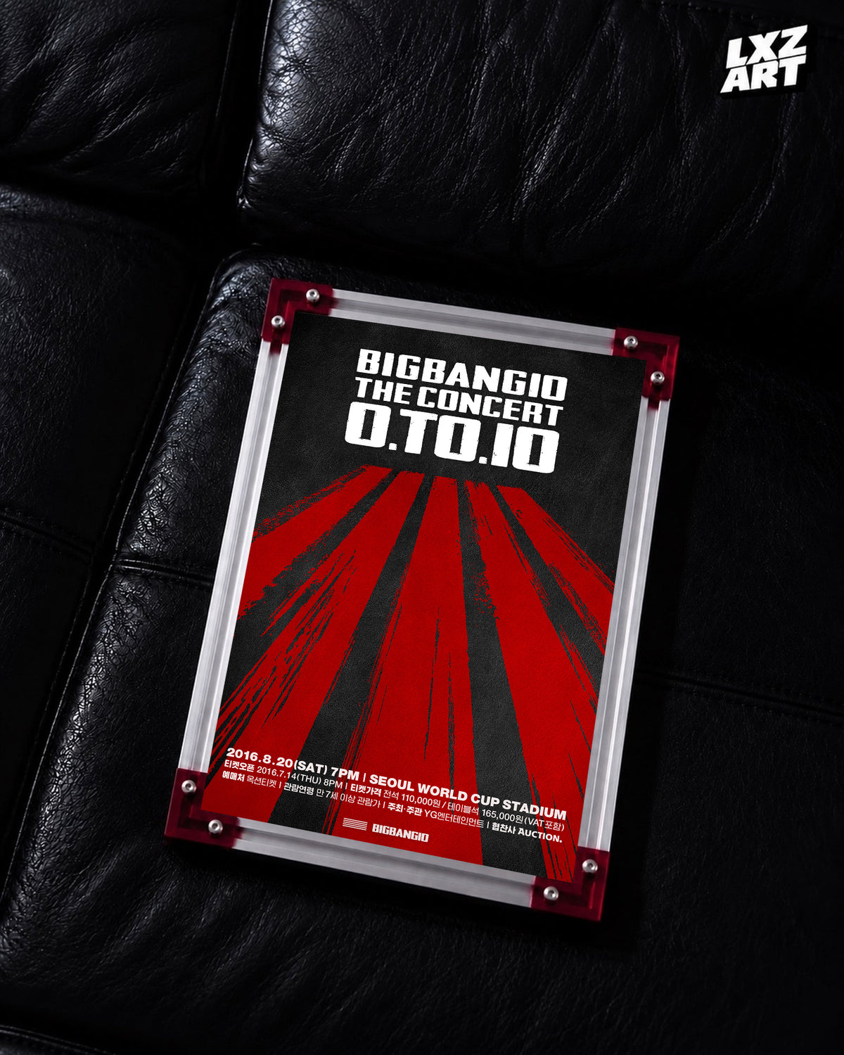 BIGBANG 0.TO.10 Seoul Red Rays Concert Poster displayed on a black leather sofa in a red-corner frame; unframed print, frame not included