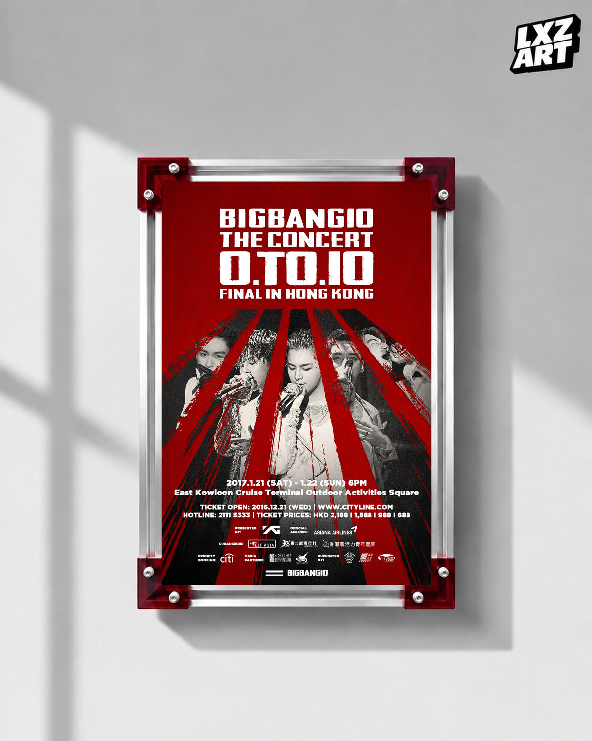 BIGBANG 0.TO.10 Hong Kong Finale Concert Poster displayed on a gray wall in a red-corner frame; unframed print, frame not included