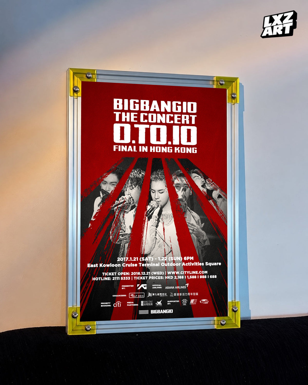 BIGBANG 0.TO.10 Hong Kong Finale Concert Poster displayed against a warm wall in a yellow-corner frame; unframed print, frame not included
