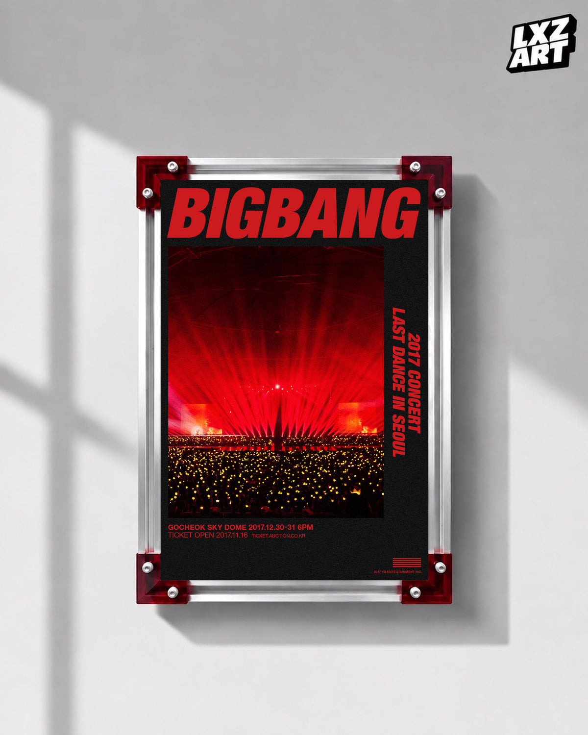 BIGBANG Last Dance Seoul Red Stage Concert Poster displayed on a gray wall in a red-corner frame; unframed print, frame not included