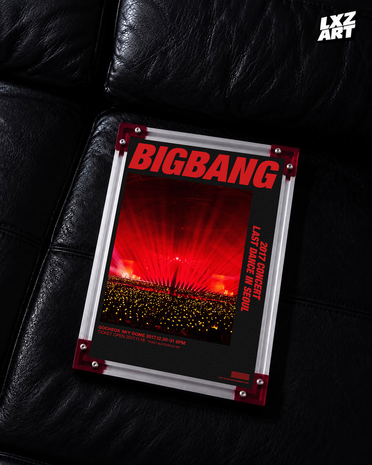 BIGBANG Last Dance Seoul Red Stage Concert Poster displayed on a black leather sofa in a red-corner frame; unframed print, frame not included