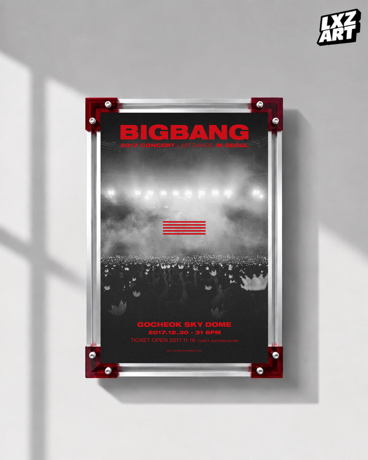 BIGBANG Last Dance Seoul Monochrome Crowd Concert Poster displayed on a gray wall in a red-corner frame; unframed print, frame not included