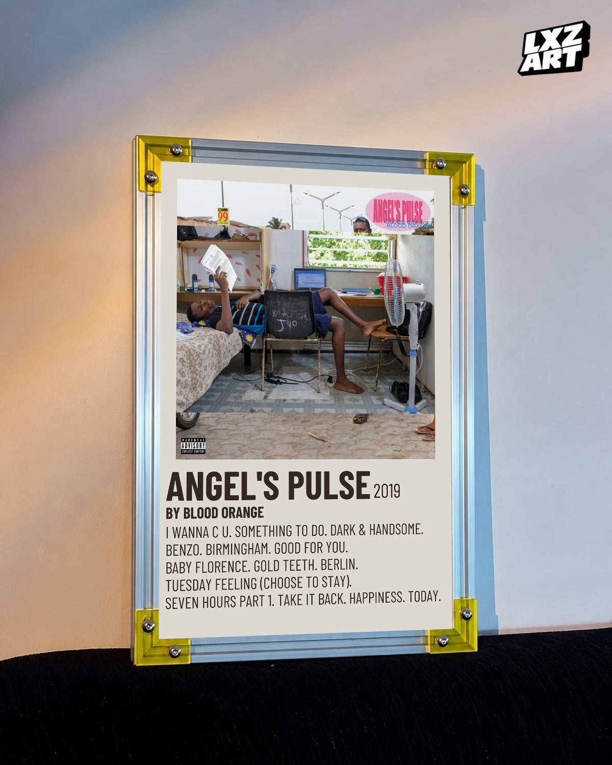 Blood Orange Angel's Pulse cream condensed tracklist poster displayed against a warm-lit wall in the yellow-corner frame; unframed print, frame not included