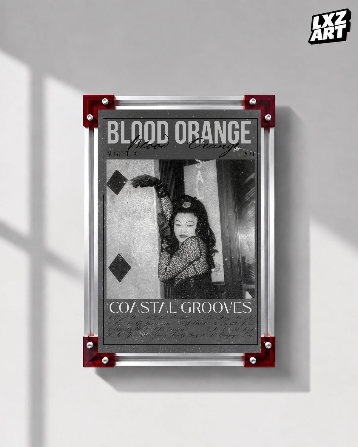 Blood Orange Coastal Grooves monochrome script poster displayed on a gray wall in the red-corner frame; unframed print, frame not included