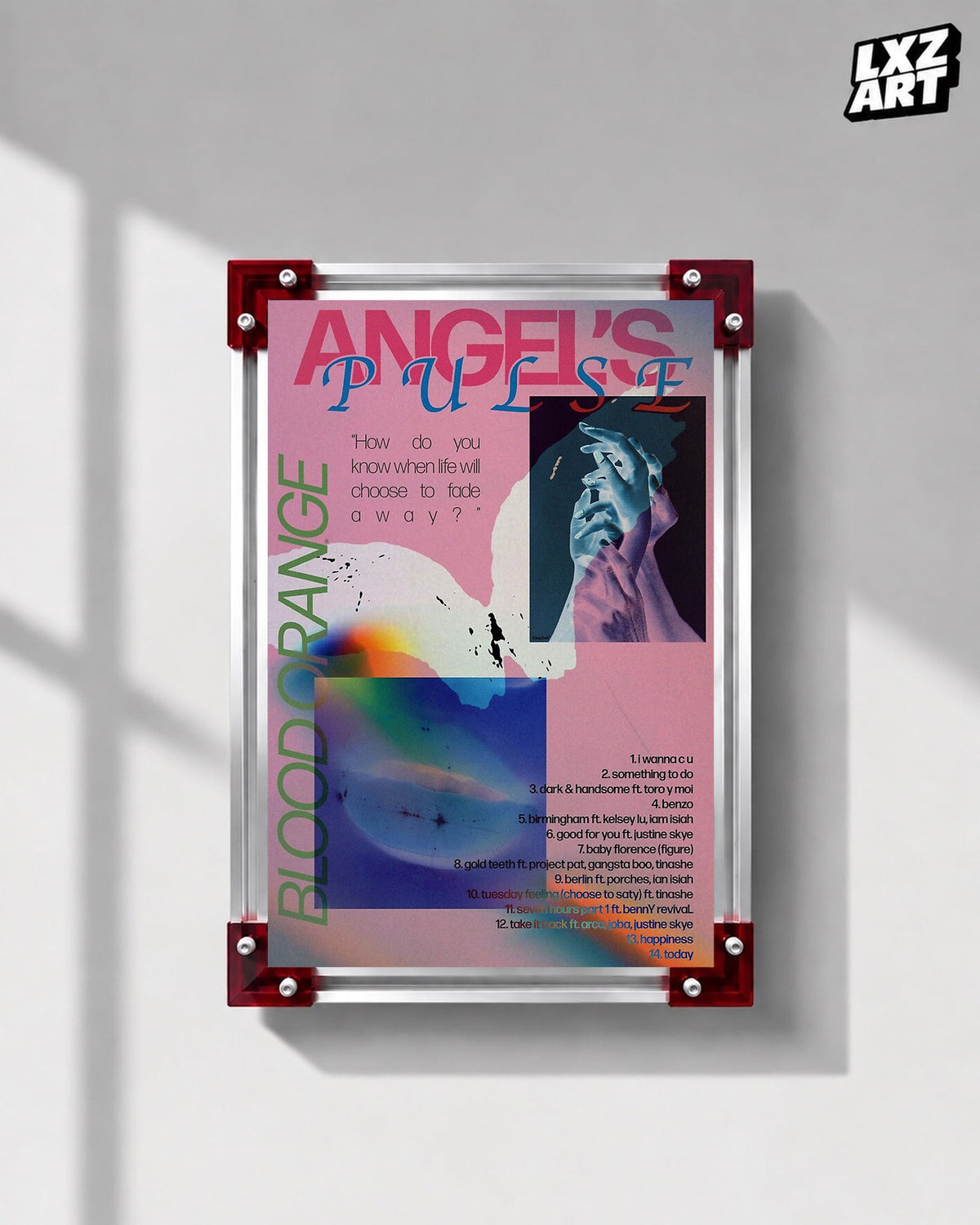 Blood Orange Angel's Pulse pink blue graphic poster displayed on a gray wall in the red-corner frame; unframed print, frame not included