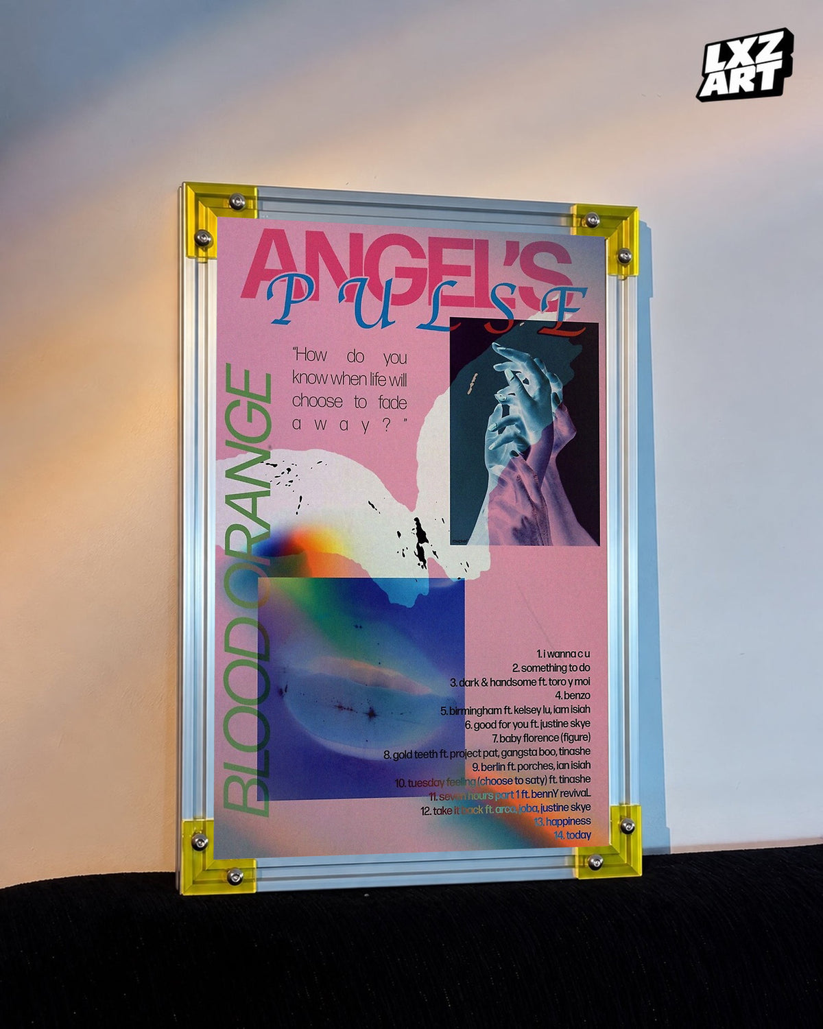 Blood Orange Angel's Pulse pink blue graphic poster displayed against a warm-lit wall in the yellow-corner frame; unframed print, frame not included