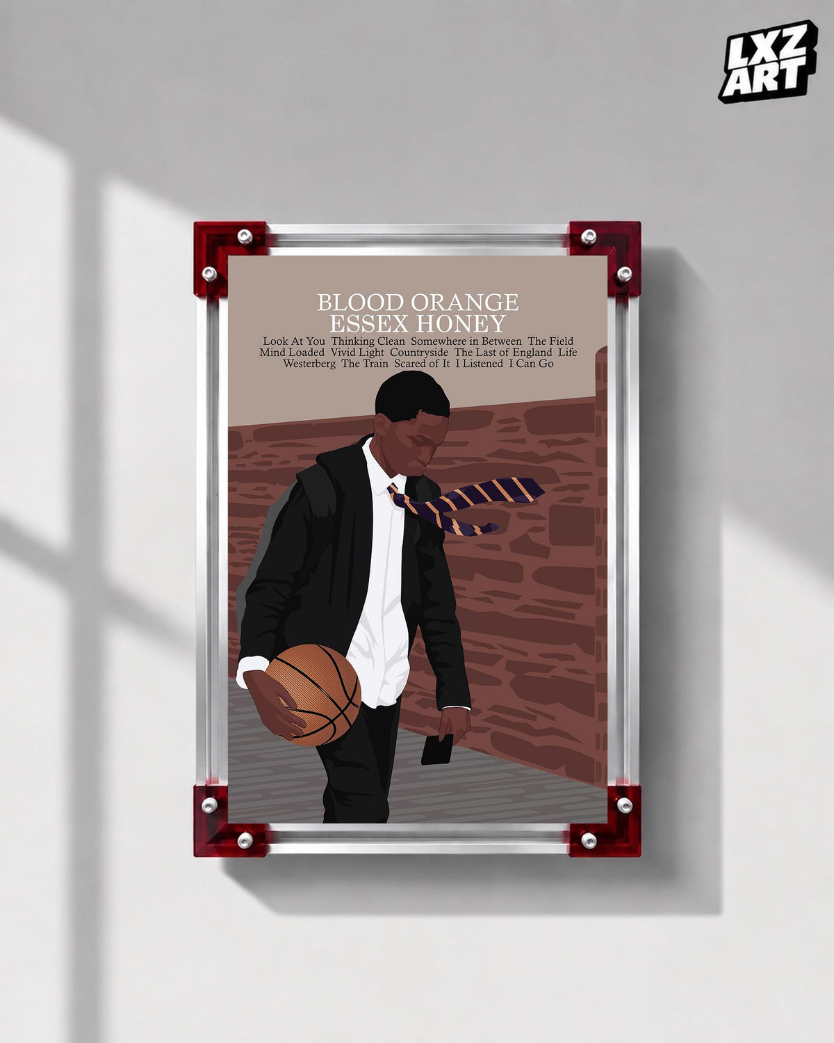 Blood Orange Essex Honey illustrated tracklist poster displayed on a gray wall in the red-corner frame; unframed print, frame not included