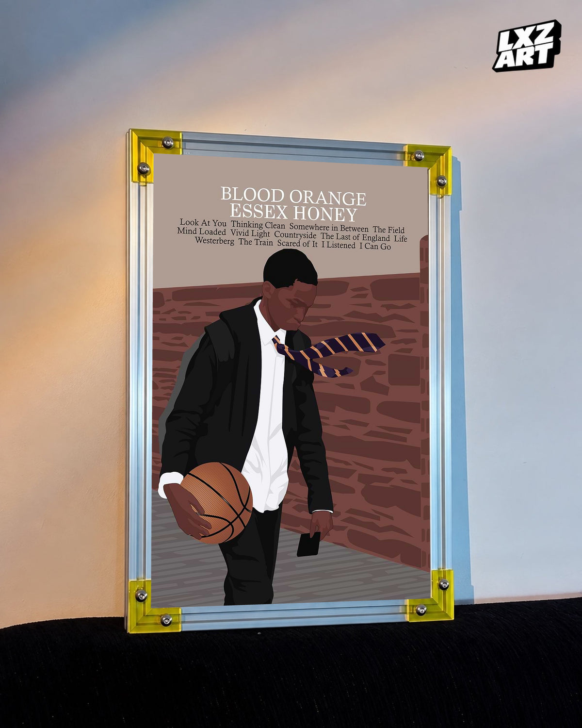 Blood Orange Essex Honey illustrated tracklist poster displayed against a warm-lit wall in the yellow-corner frame; unframed print, frame not included