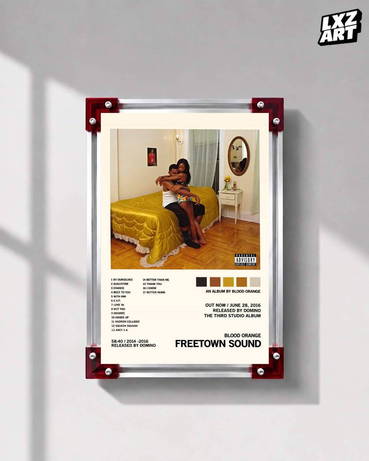 Blood Orange Freetown Sound cream palette tracklist poster displayed on a gray wall in the red-corner frame; unframed print, frame not included
