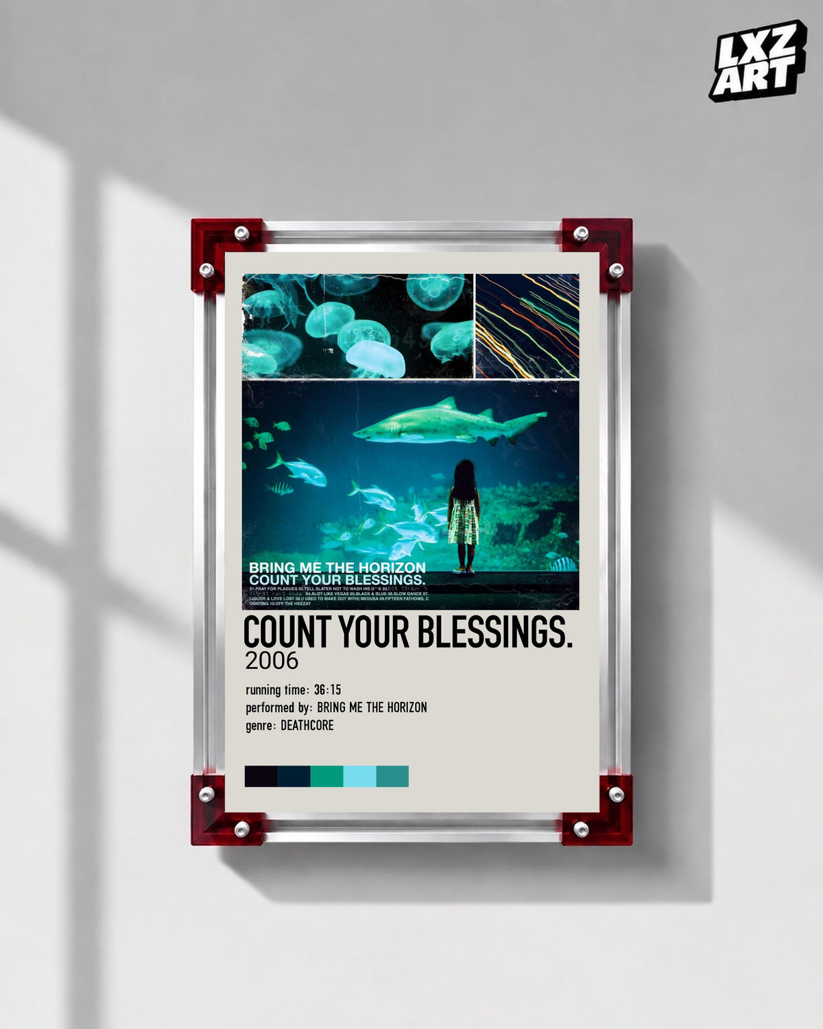 Bring Me The Horizon Count Your Blessings aquarium album poster displayed on a gray wall in a red-corner frame; unframed print, frame not included