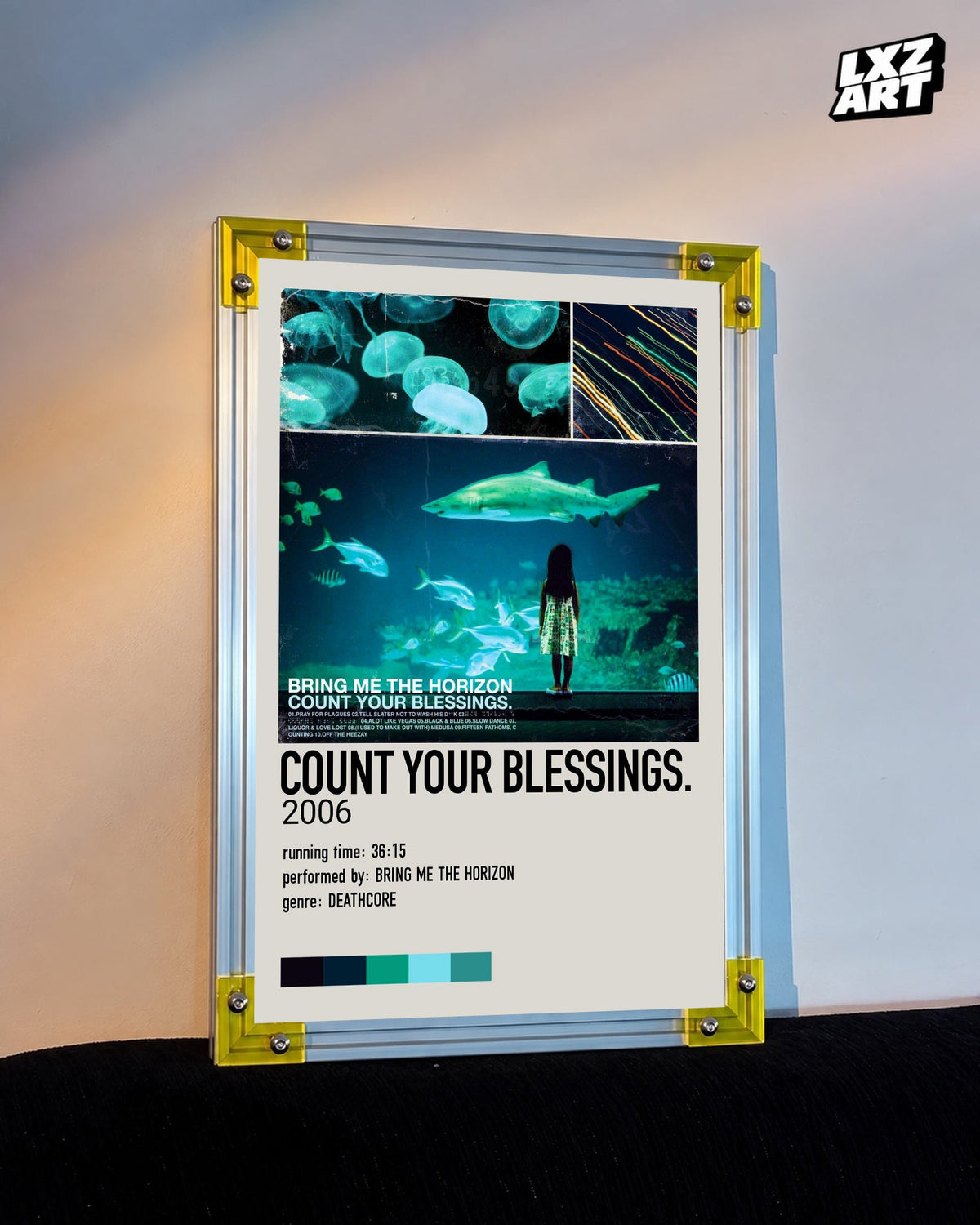 Bring Me The Horizon Count Your Blessings aquarium album poster displayed against a warm wall in a yellow-corner frame; unframed print, frame not included