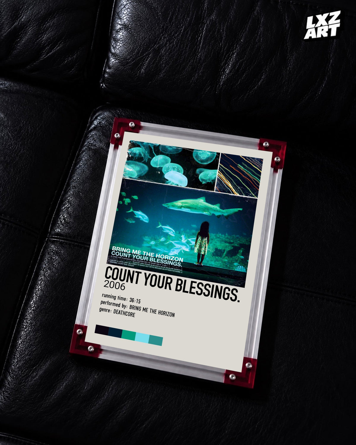 Bring Me The Horizon Count Your Blessings aquarium album poster displayed on a black leather sofa in a red-corner frame; unframed print, frame not included