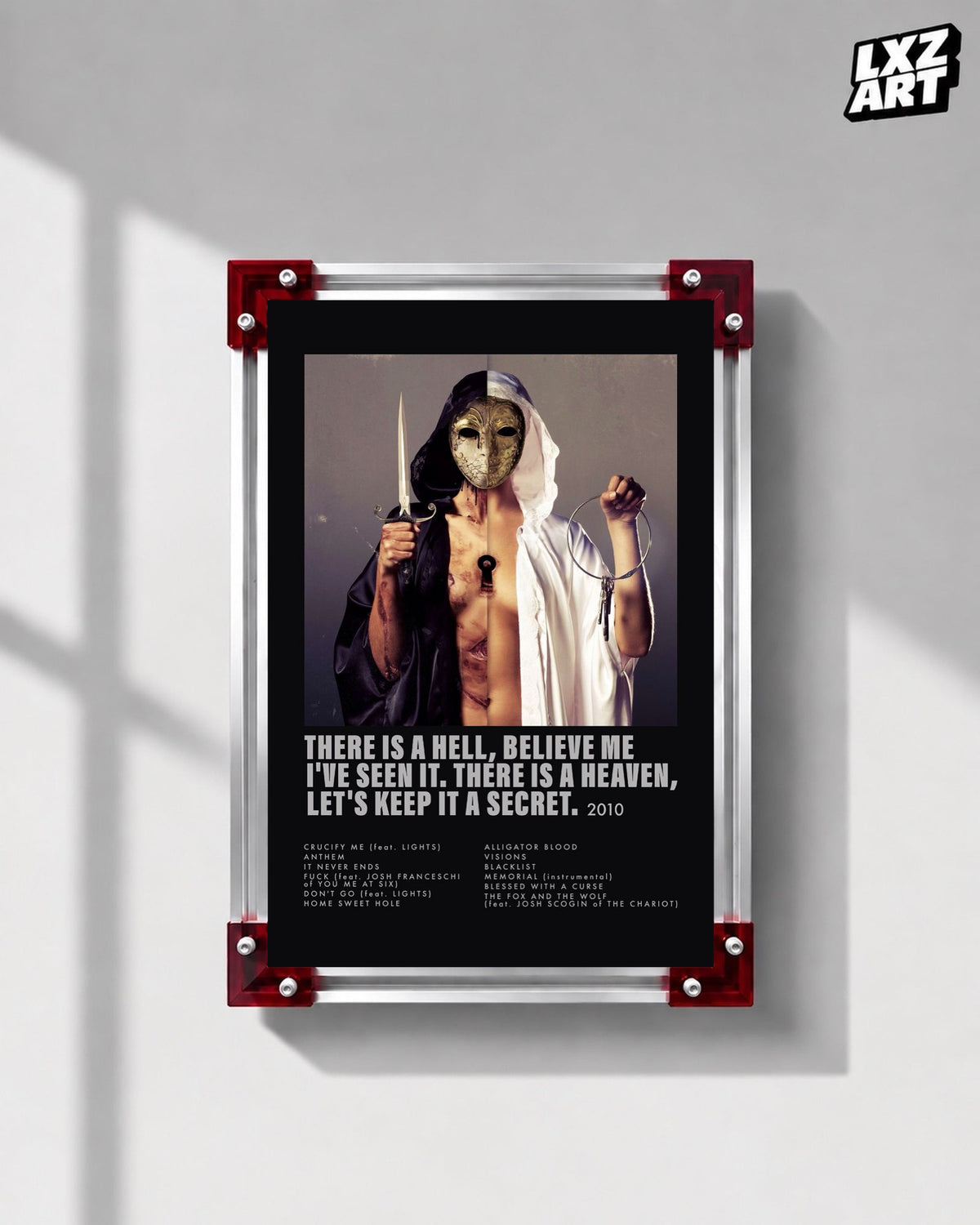 Bring Me The Horizon There Is a Hell black tracklist poster displayed on a gray wall in a red-corner frame; unframed print, frame not included