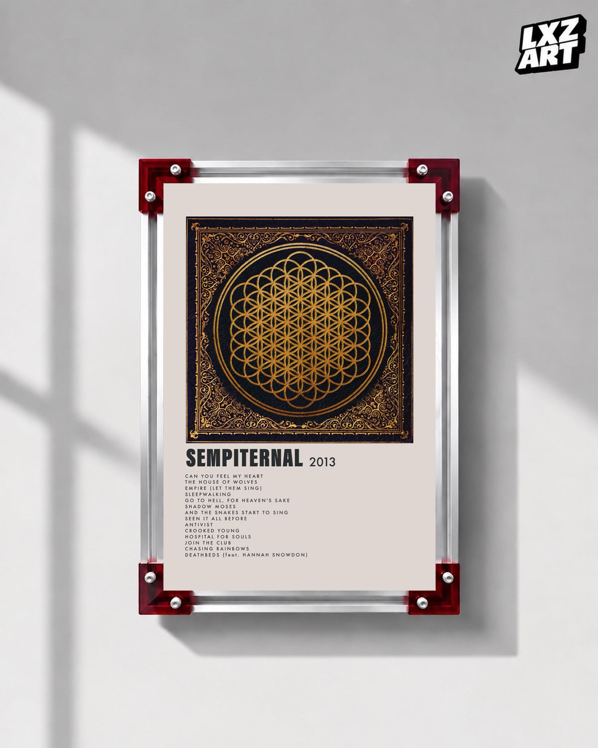 Bring Me The Horizon Sempiternal gold tracklist poster displayed on a gray wall in a red-corner frame; unframed print, frame not included
