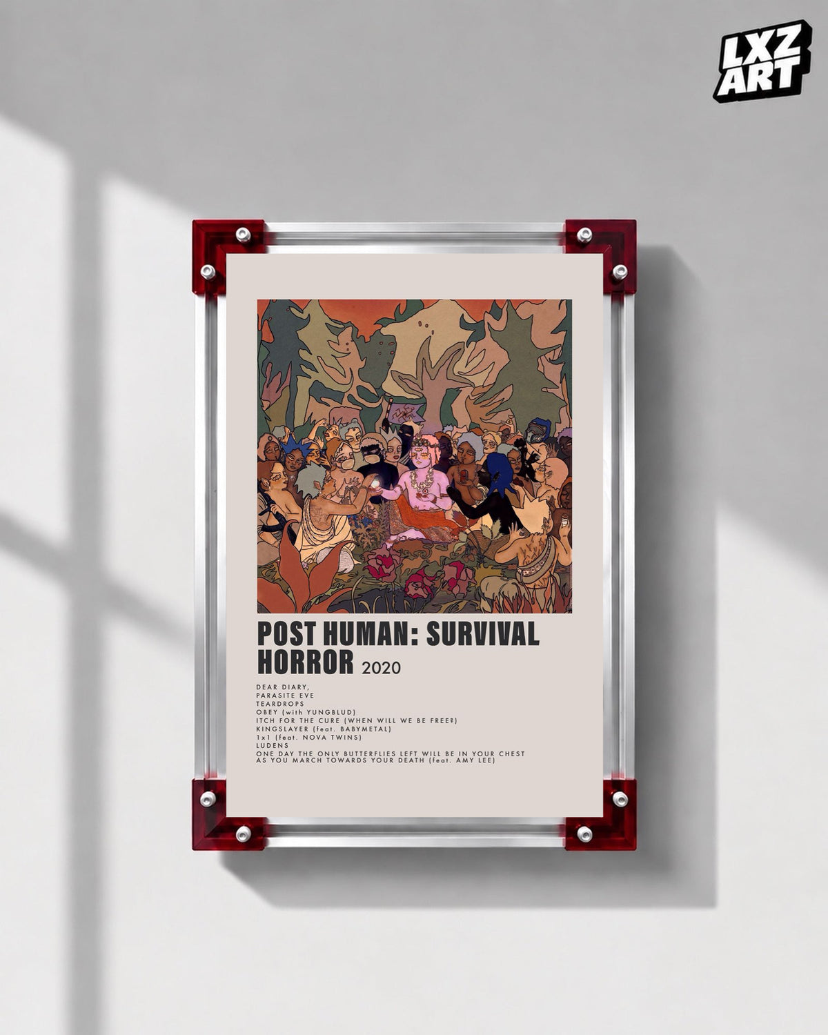 Bring Me The Horizon POST HUMAN: SURVIVAL HORROR album tracklist poster displayed on a gray wall in a red-corner frame; unframed print, frame not included