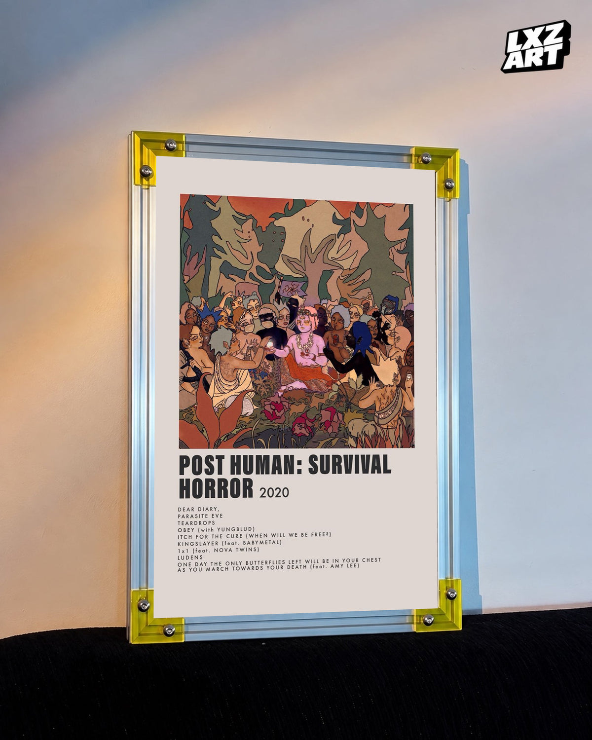 Bring Me The Horizon POST HUMAN: SURVIVAL HORROR album tracklist poster displayed against a warm wall in a yellow-corner frame; unframed print, frame not included