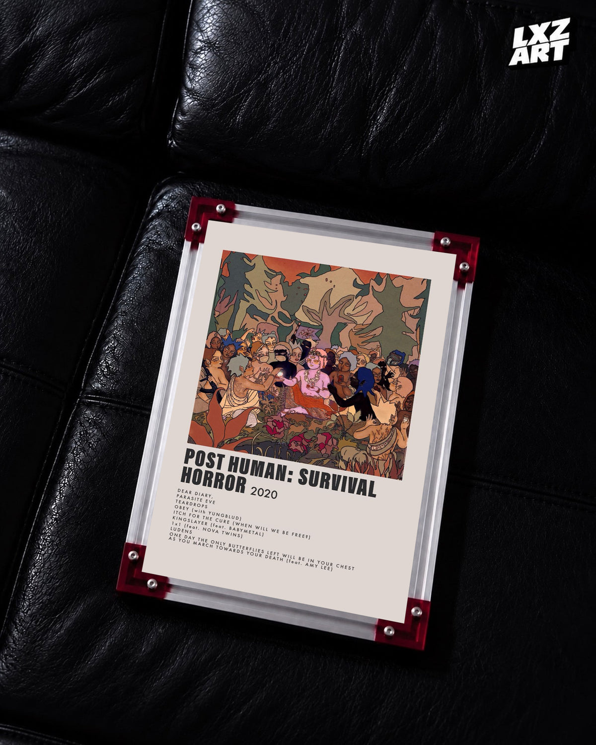 Bring Me The Horizon POST HUMAN: SURVIVAL HORROR album tracklist poster displayed on a black leather sofa in a red-corner frame; unframed print, frame not included