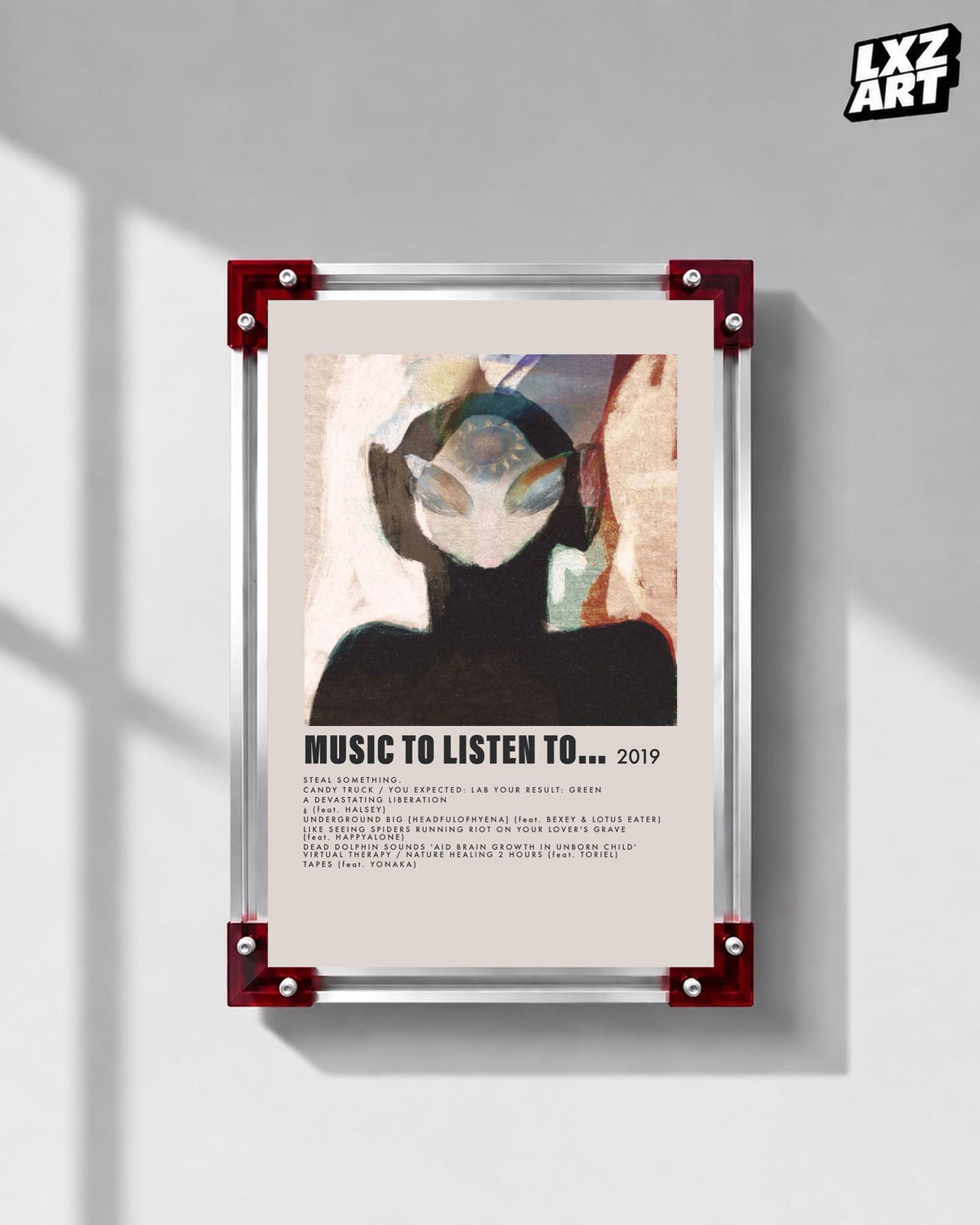 Bring Me The Horizon Music to Listen To tracklist poster displayed on a gray wall in a red-corner frame; unframed print, frame not included