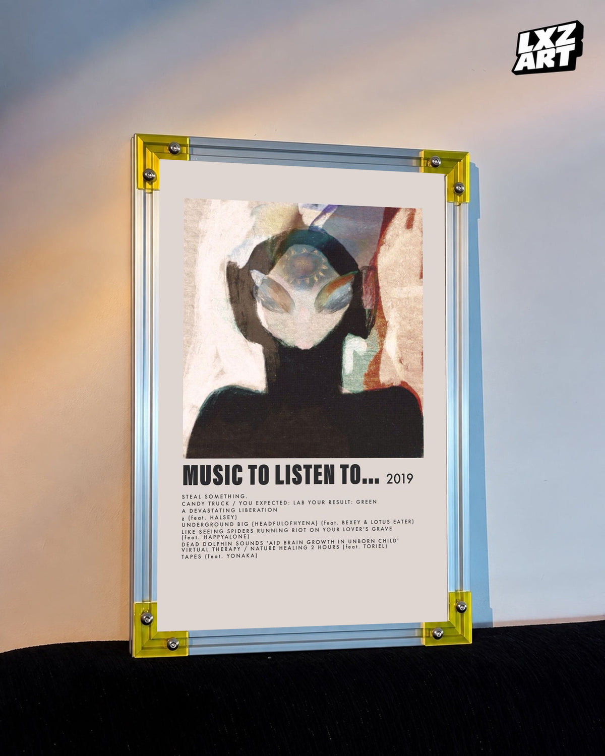 Bring Me The Horizon Music to Listen To tracklist poster displayed against a warm wall in a yellow-corner frame; unframed print, frame not included