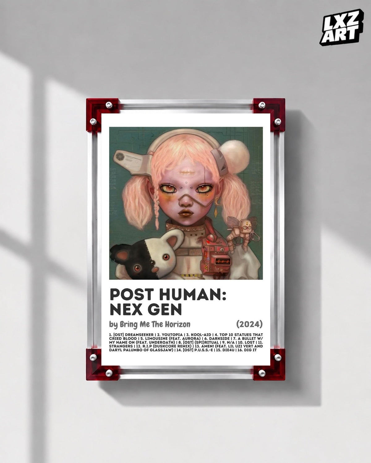Bring Me The Horizon POST HUMAN: NeX GEn pink tracklist poster displayed on a gray wall in a red-corner frame; unframed print, frame not included