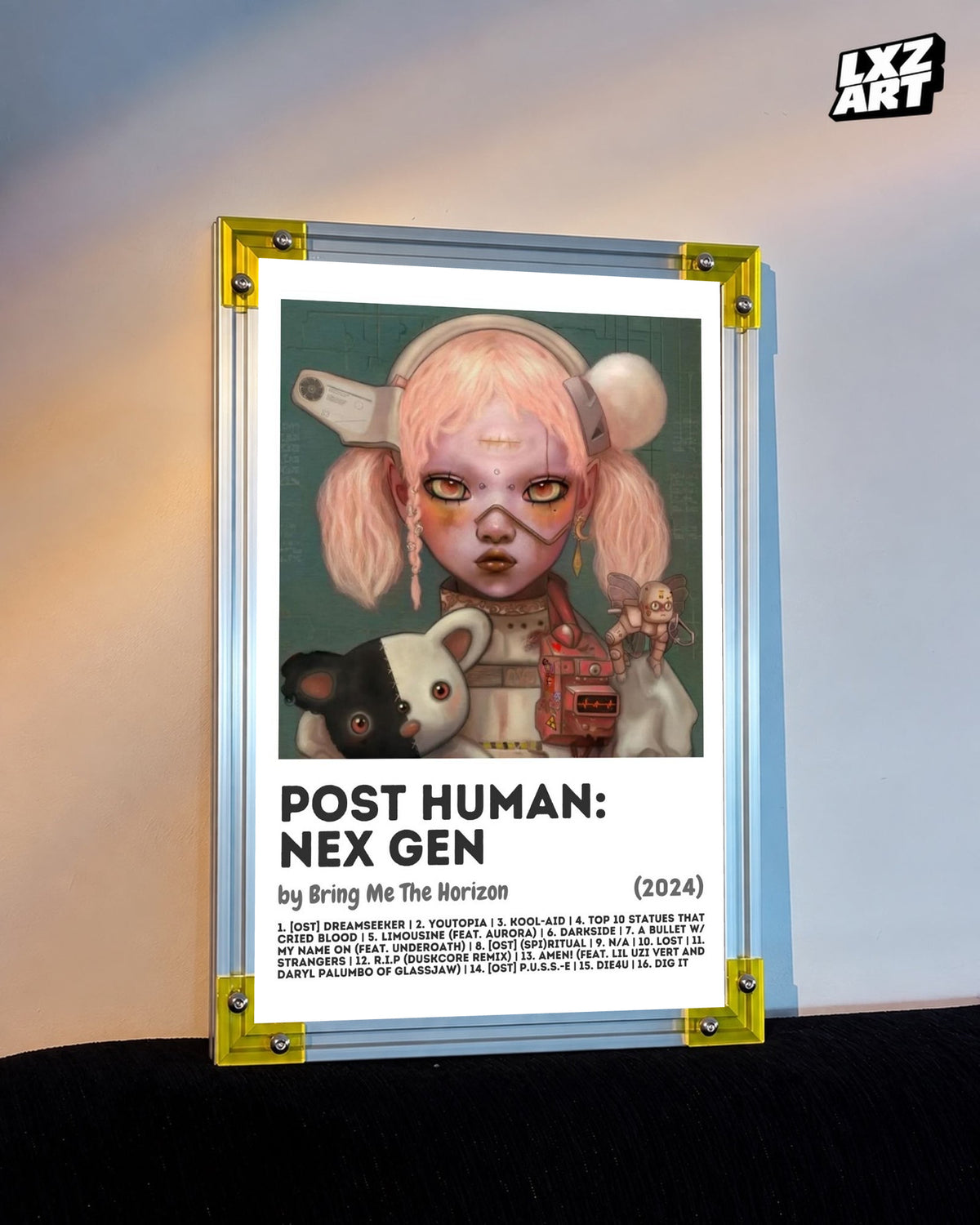 Bring Me The Horizon POST HUMAN: NeX GEn pink tracklist poster displayed against a warm wall in a yellow-corner frame; unframed print, frame not included