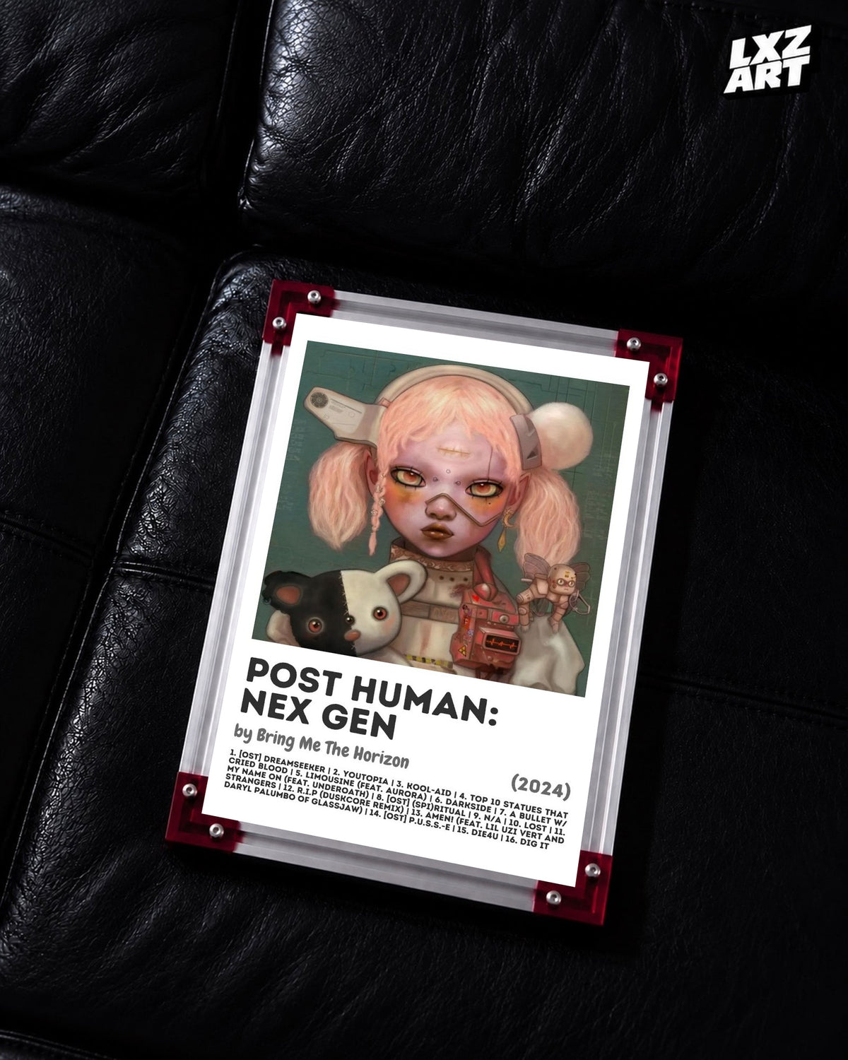 Bring Me The Horizon POST HUMAN: NeX GEn pink tracklist poster displayed on a black leather sofa in a red-corner frame; unframed print, frame not included