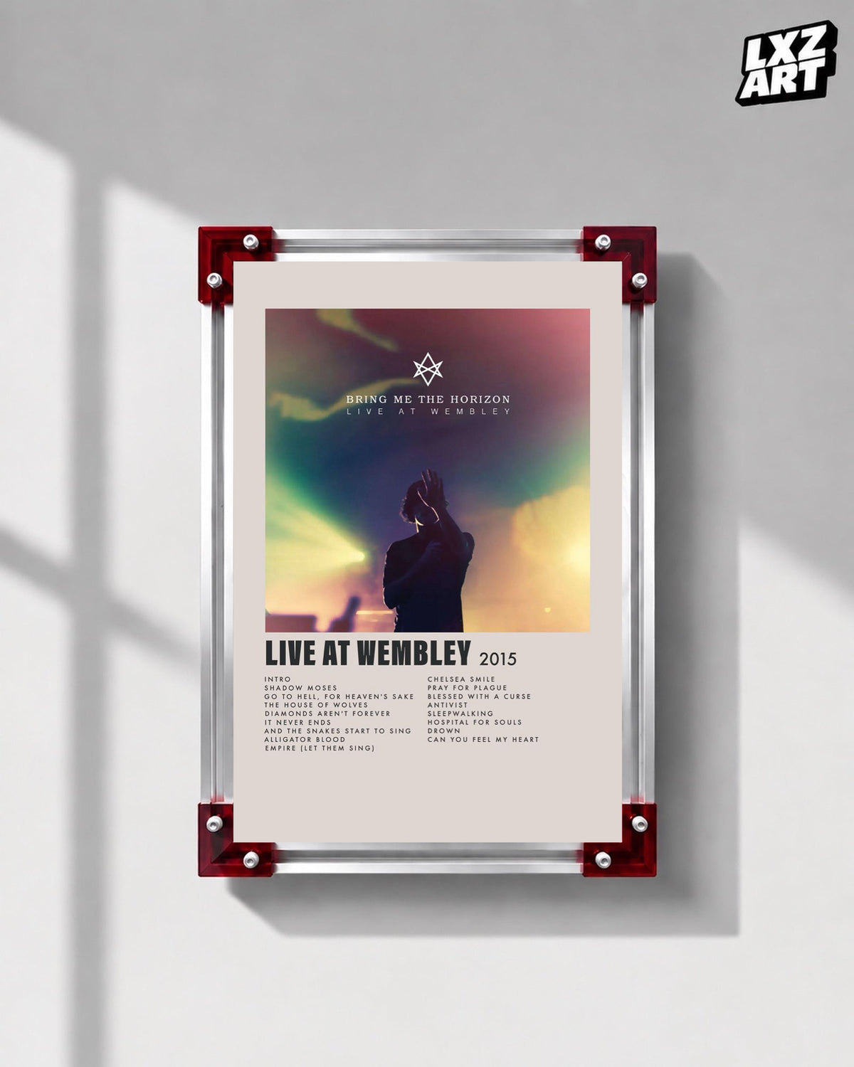 Bring Me The Horizon Live at Wembley concert tracklist poster displayed on a gray wall in a red-corner frame; unframed print, frame not included