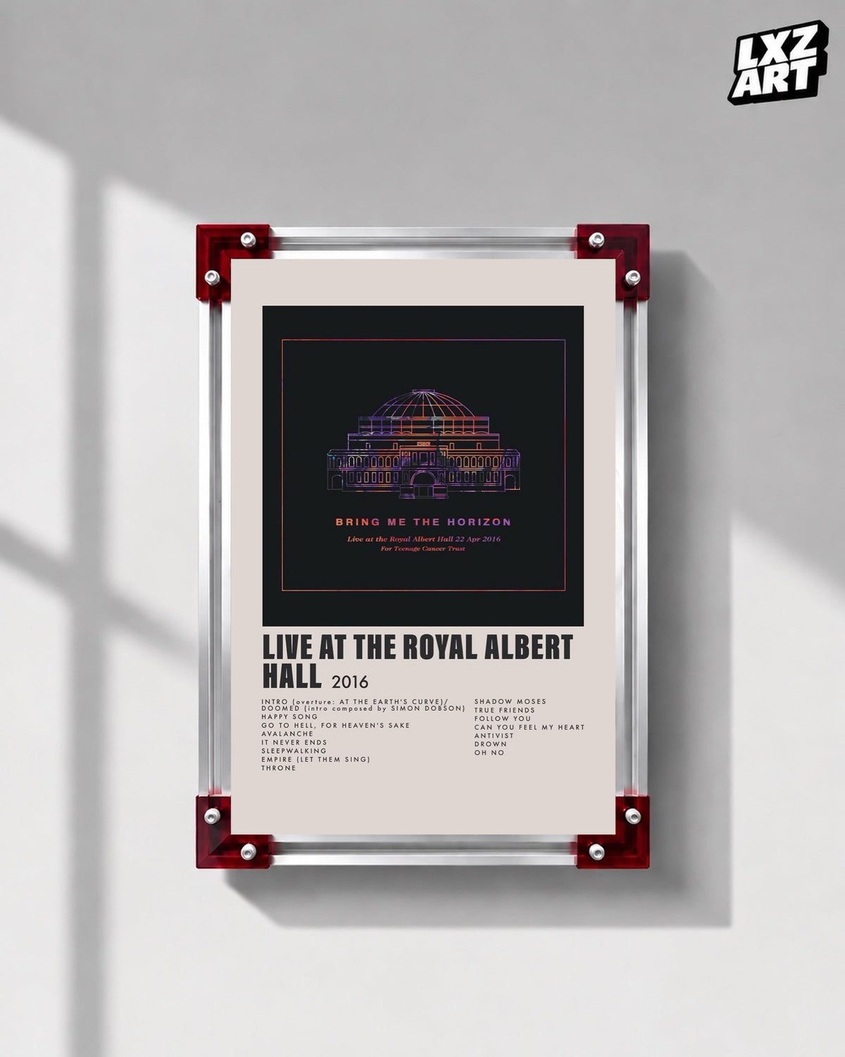 Bring Me The Horizon Live at the Royal Albert Hall concert tracklist poster displayed on a gray wall in a red-corner frame; unframed print, frame not included