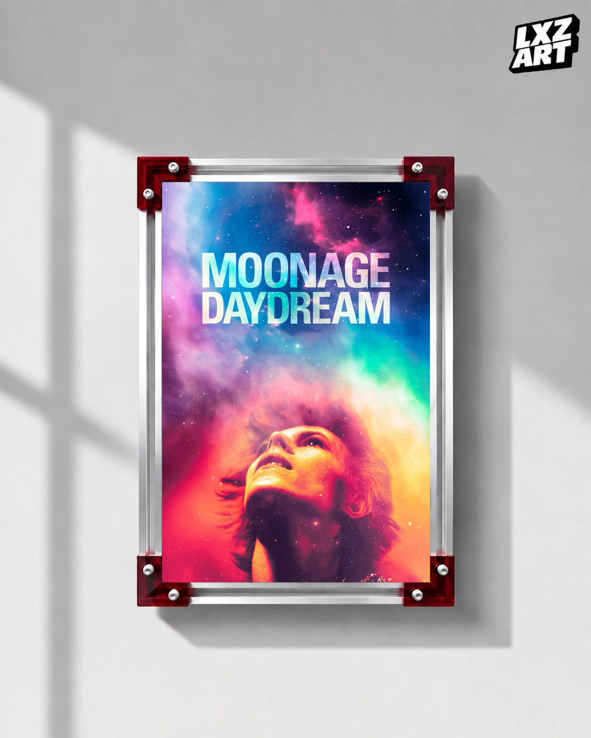David Bowie Moonage Daydream Cosmic Portrait poster displayed on gray wall with red frame corners; frame not included