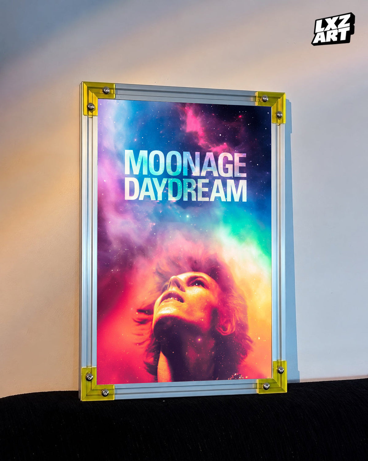 David Bowie Moonage Daydream Cosmic Portrait poster displayed on warm wall with yellow frame corners; frame not included