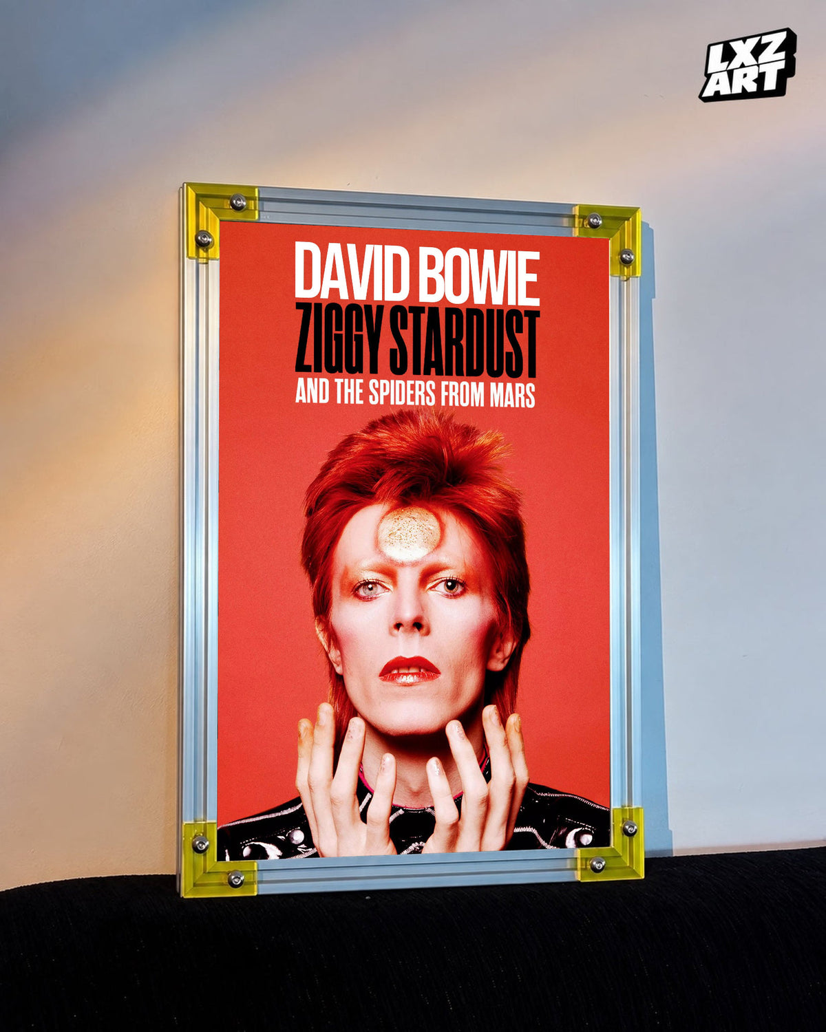 David Bowie Ziggy Stardust Red Portrait poster displayed on warm wall with yellow frame corners; frame not included