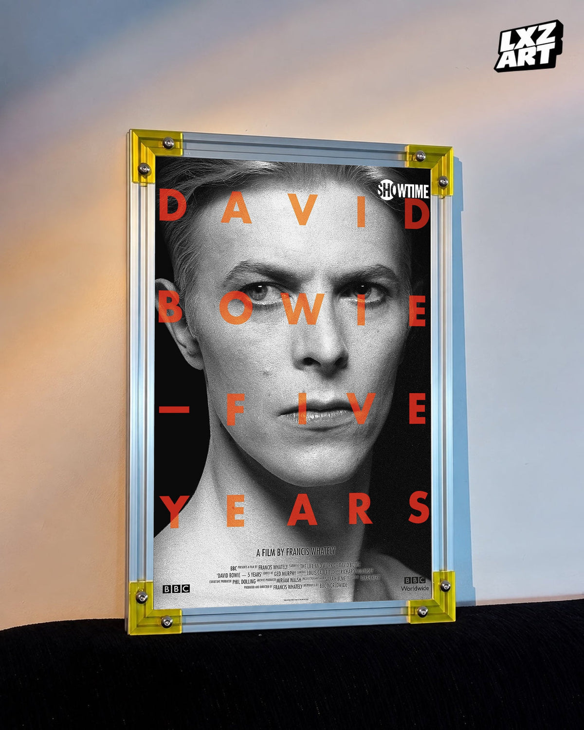 David Bowie Five Years Monochrome Portrait poster displayed on warm wall with yellow frame corners; frame not included
