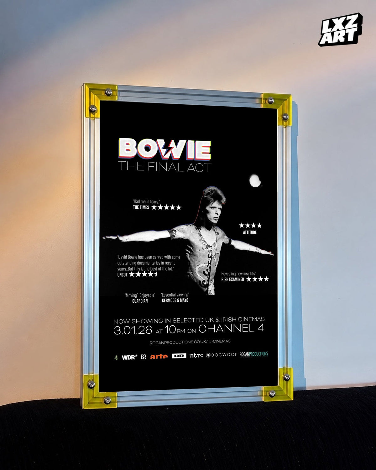 David Bowie The Final Act Stage Portrait poster displayed on warm wall with yellow frame corners; frame not included